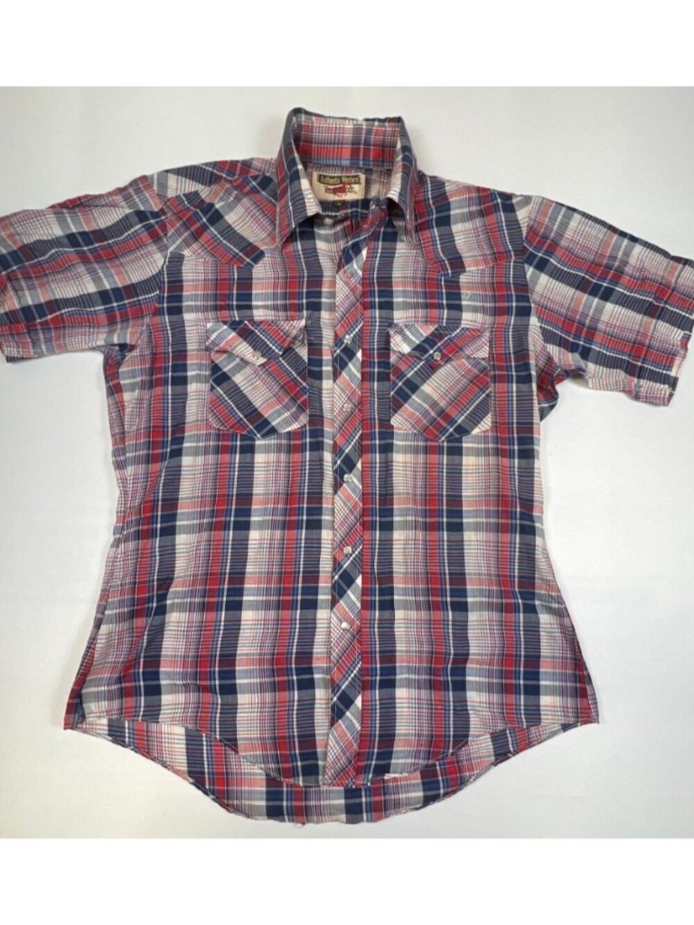 Authentic Western Men M Vintage Red Blue Plaid Short Sleeve Pearl Snap Shirt